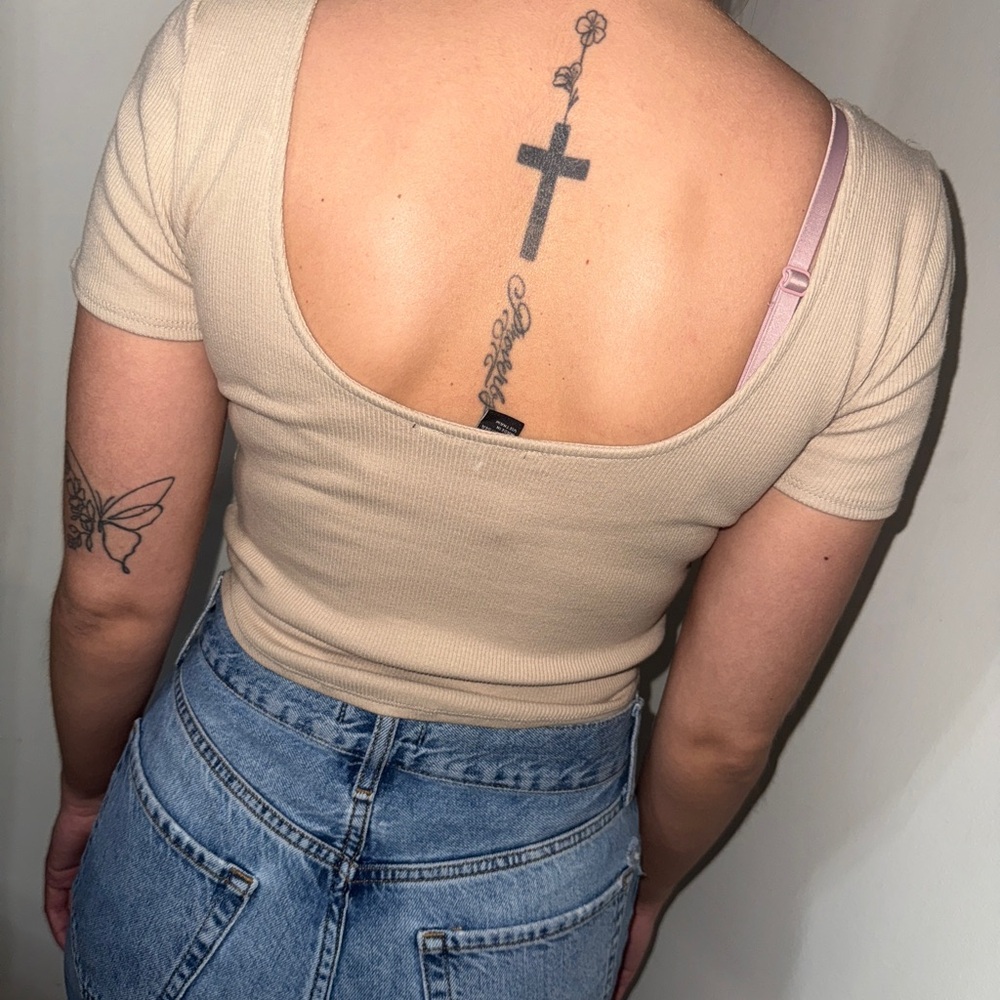 Tan Fitted Crop Bodysuit - Picture 3 of 4